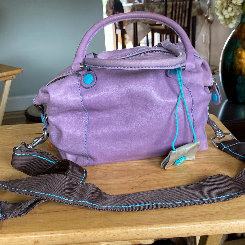 Gabs leather purple bag with  a gabs insert and shoulder strap.